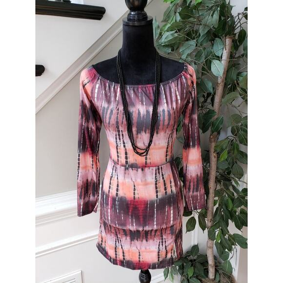 PrettyLittleThing Bodycon Dress Womens 12 Multi Abstract Print Bardot Split Hem - Picture 1 of 13